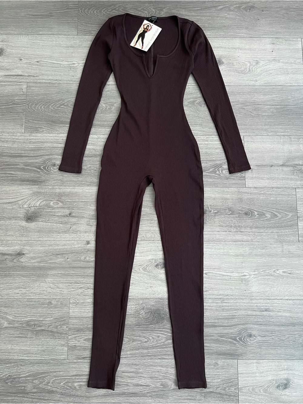NAKED WARDROBE Long Sleeve Ribbed Jumpsuit Small Dark Brown Fitted Casual Retro